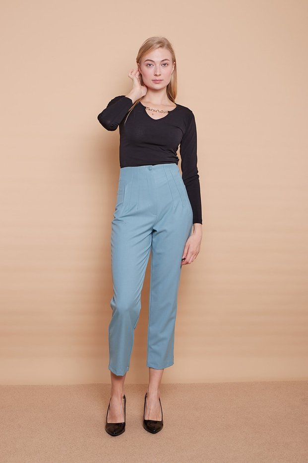 Women's High Waist Relaxed Fit Stylish Office Carrot Pants with Decorative Pockets-Mint