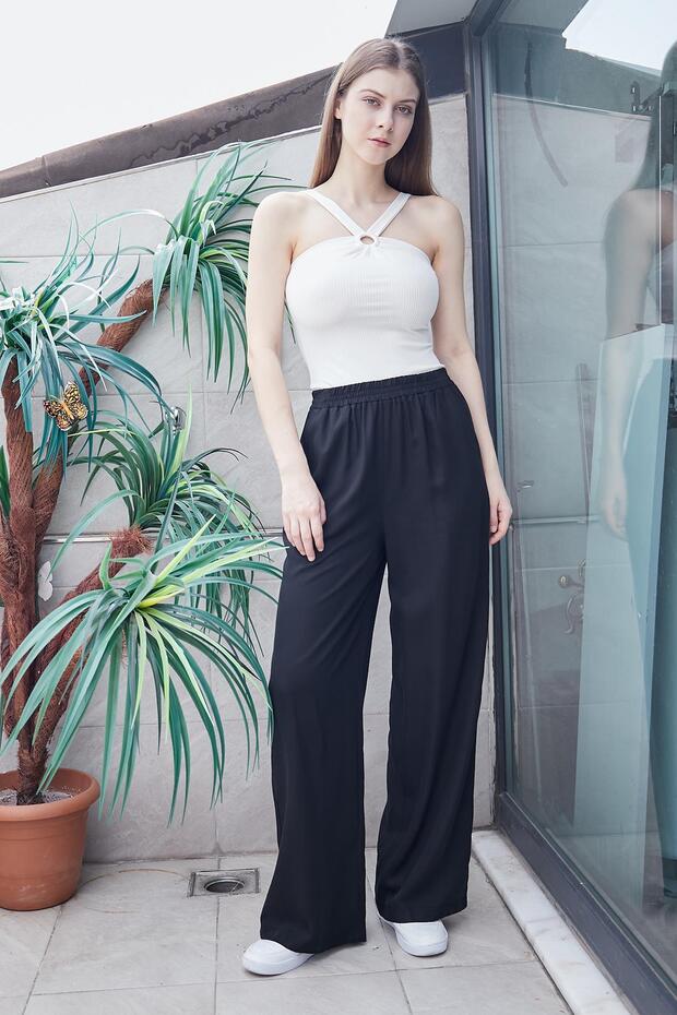 100% Iyocell Flowy Stylish Fabric High Waist Elastic Waistband Side Pockets Wide Leg Pants - Black
