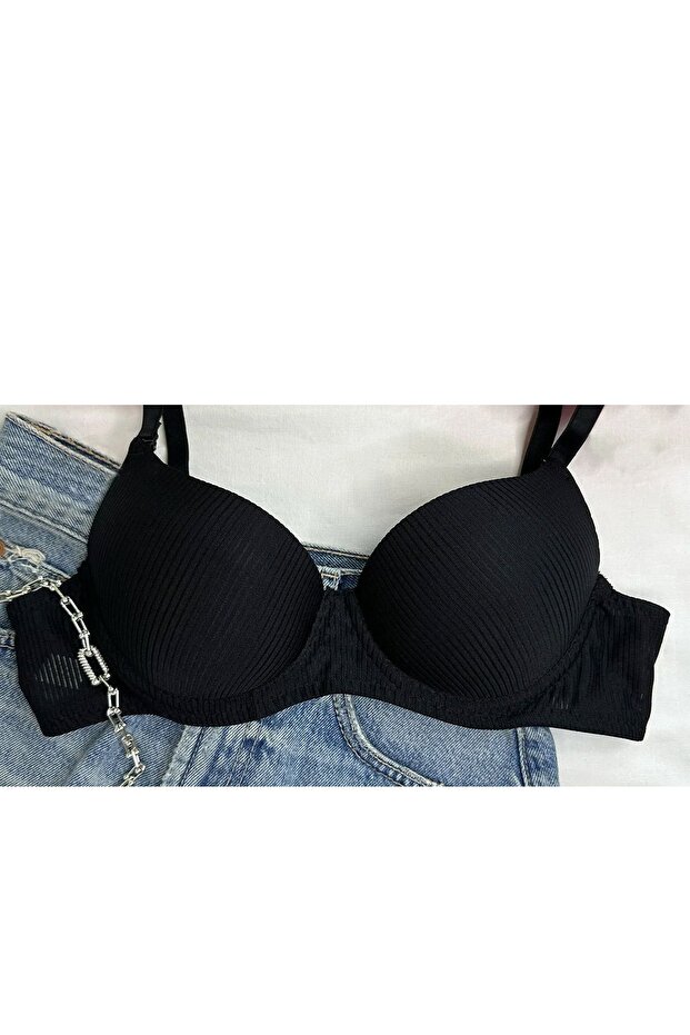 Push-Up Underwire Backing Bra with Recovery String Straps Plain Corded Pattern - 8
