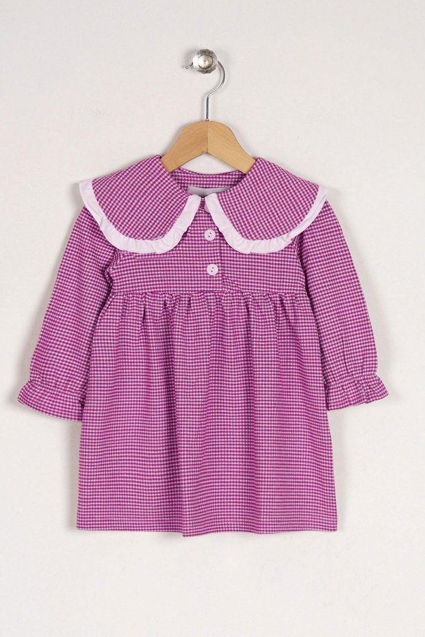 Baby Collar Long Sleeve Pintucked Baby Collar Buttoned Pink Color Girl's Dress