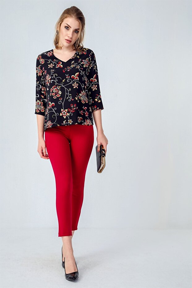 Thick Belted D Buckle Stretch Fabric Ankle Length Fabric Trousers-Burgundy