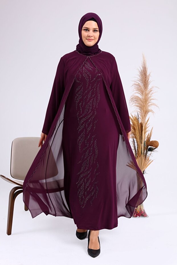 Women's Hijab Rhinestone Siphon Evening Dress Suit Plum