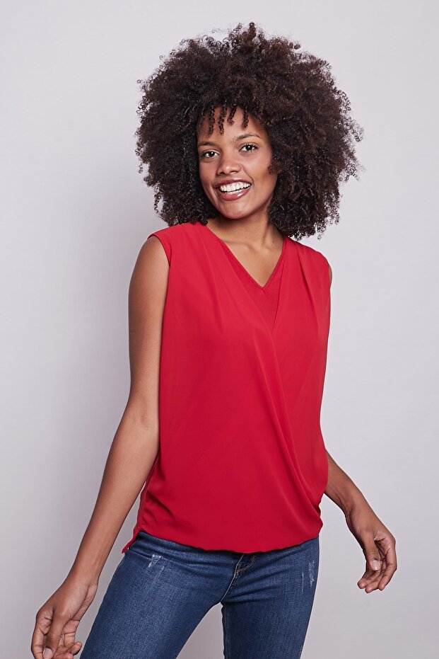 Chiffon Detailed Wrap Sleeveless Stylish Stretch Fabric Shiny Fabric Blouse-Red