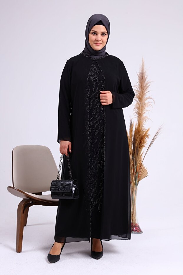 Women's Hijab Rhinestone Siphon Evening Dress Suit Black