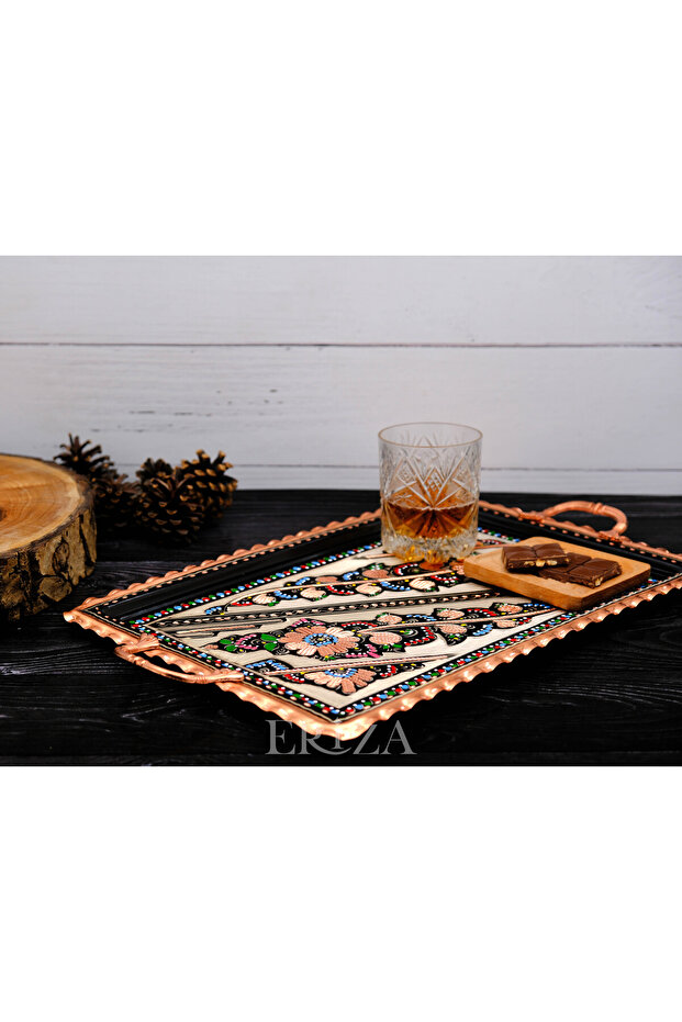 صينية تقديم نحاسية بمقبض مستطيل 39 سم - 1