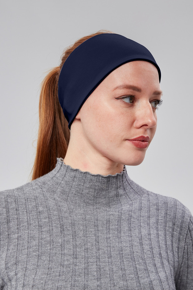 Women's Combed Cotton Stitch-Free Bandana Headband – Flexible Sports Hair Band – Navy Blue