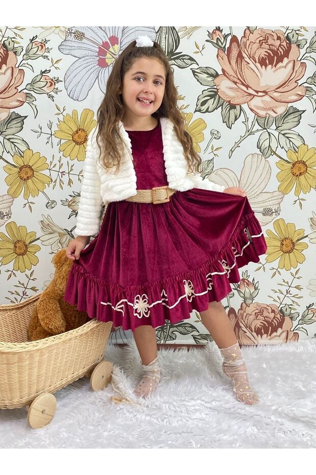 Velvet Girl Dress with Plush Bolerol