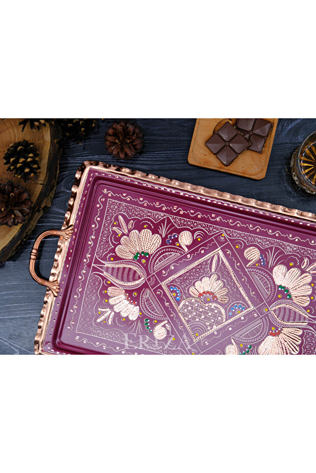 صينية تقديم نحاسية بمقبض مستطيل 39 سم - 3