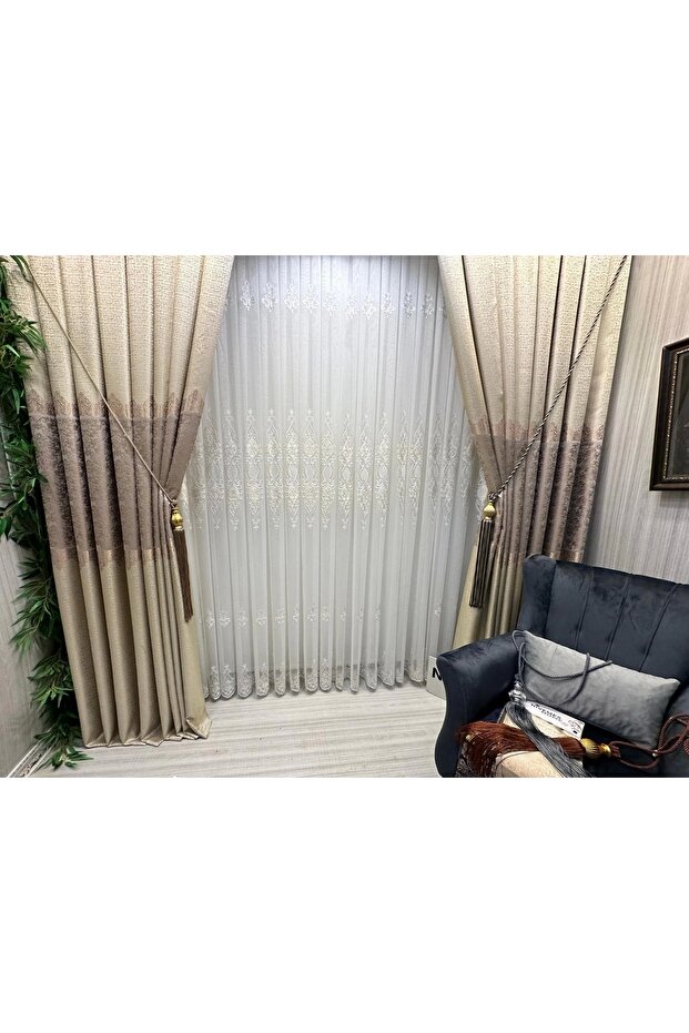 Harbi̇ye Gold Detailled 1/3 Heavy Plied Tulle Curtain Apm
