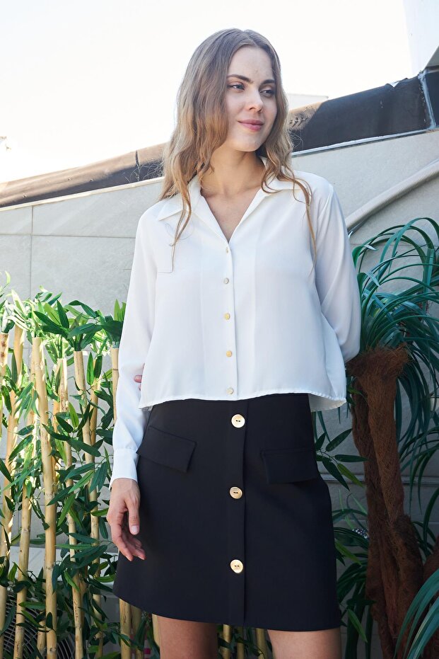 Women's Lycra-Free Stylish Fabric Collared Long Sleeve Short Shirt-Cream