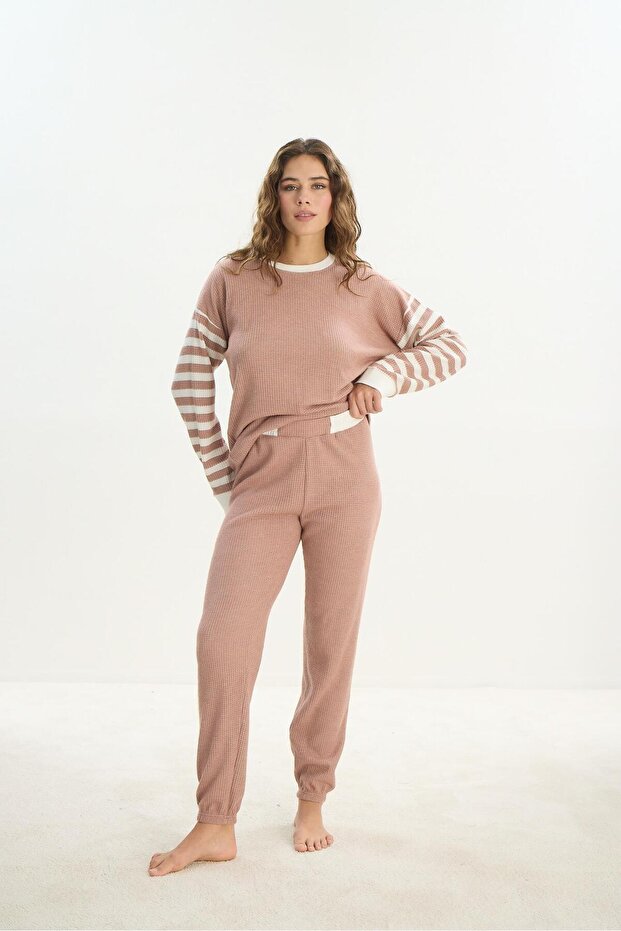 Kadın Uzun Kol Triko Gül Kurusu Pijama Takım C9T5N1O61 - 5