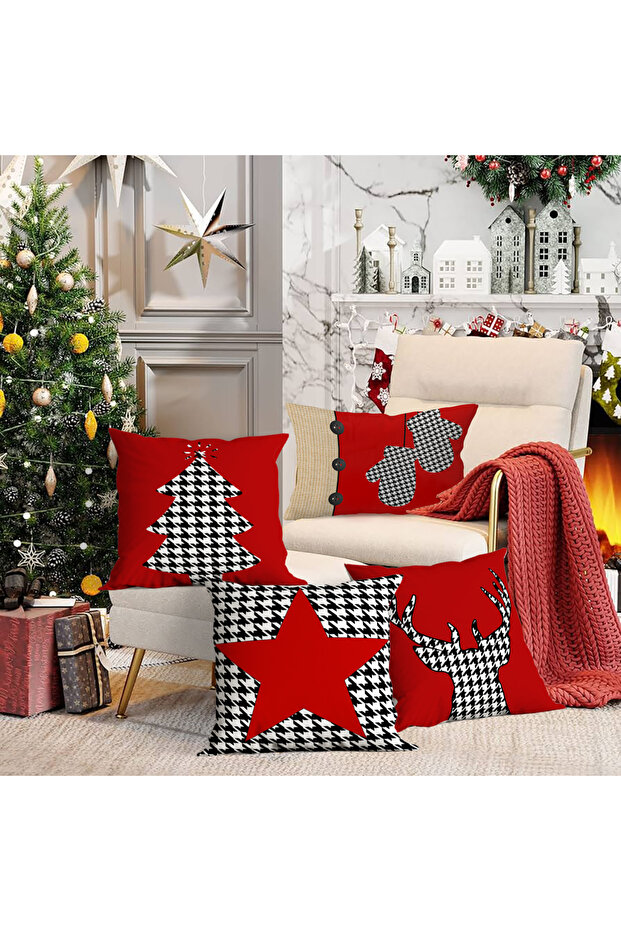 4-Piece New Year's Themed Velvet Throw Pillow Cover 43X43 cm - Decorative Pillowcase