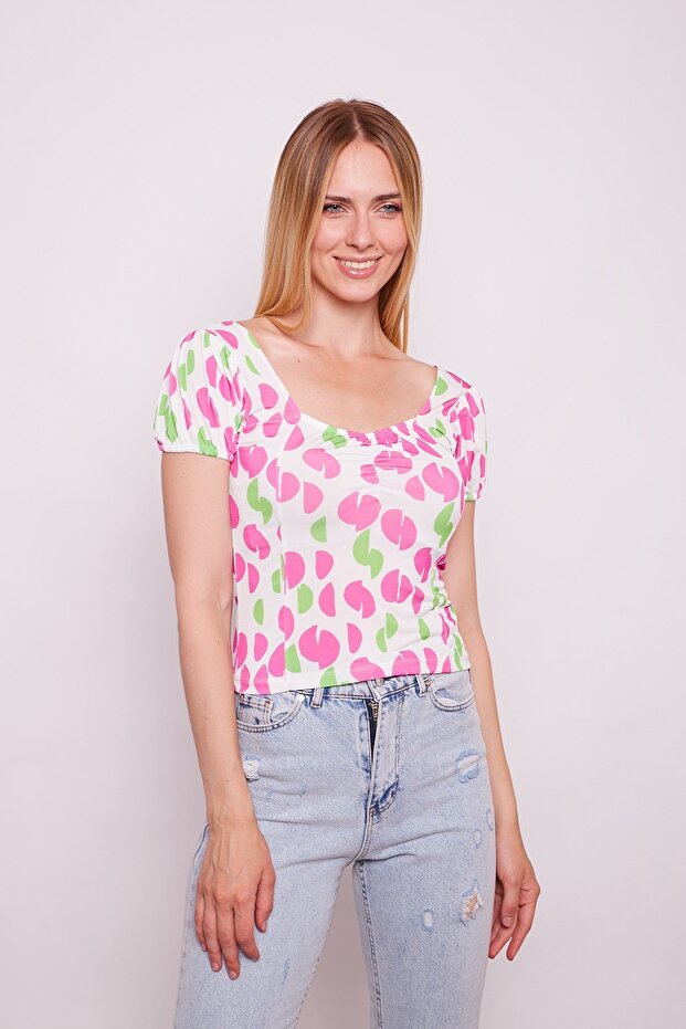 Patterned Buzy Lycra Front Back Square Collar Sleeves Gathered Blouse -magenta Points - 2