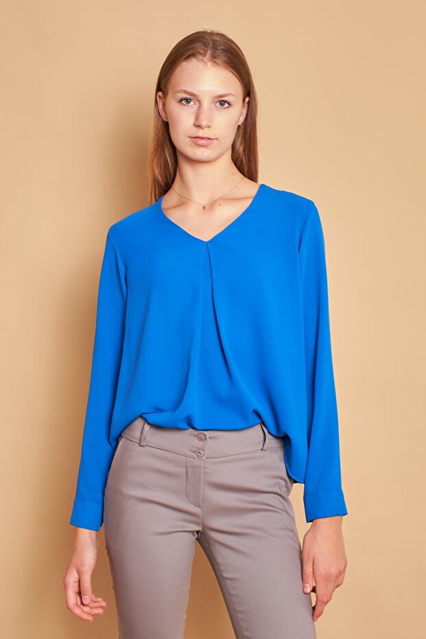 V-Neck Pleated Collar Long Sleeve Lycra-Free Stylish Shirt Fabric Comfortable Cut Blouse-Sax