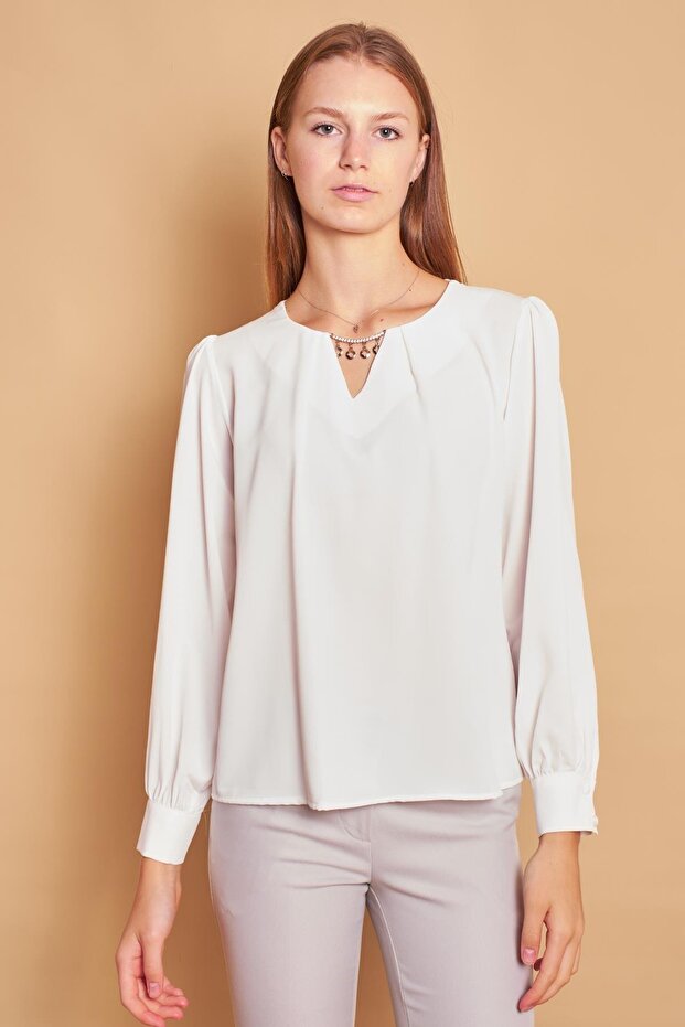 Wide Crew Neck Pleated Accessorized Long Sleeve Lycra-Free Stylish Shirt Fabric Relaxed Cut Blouse-Cream