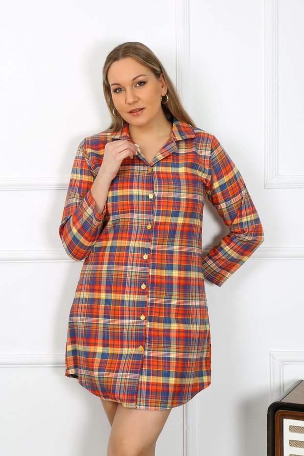 Fashion Stripe Women's Plus Size Cotton Buttoned Long Sleeve Tunic Nightgown 12206