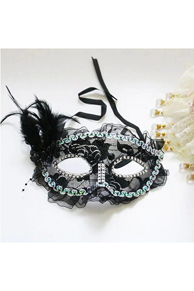 Black Color Side Feathered Pearl Embroidered Stone Lace Party Mask 17X12 cm
