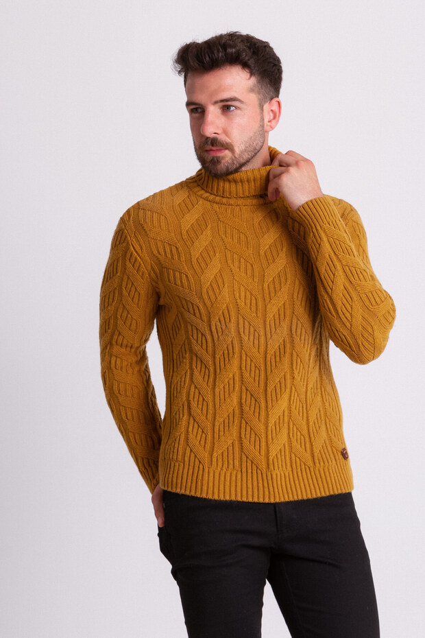 Braided Slim Fit Full Turtleneck Wool Men's Sweater Tobacco - 11350.21K