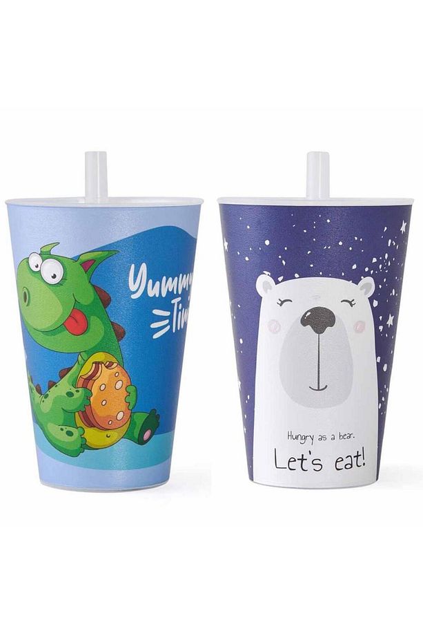 2 Adet Desenli Plastik Pipetli Bardak Erkek Model 400 ml - 1