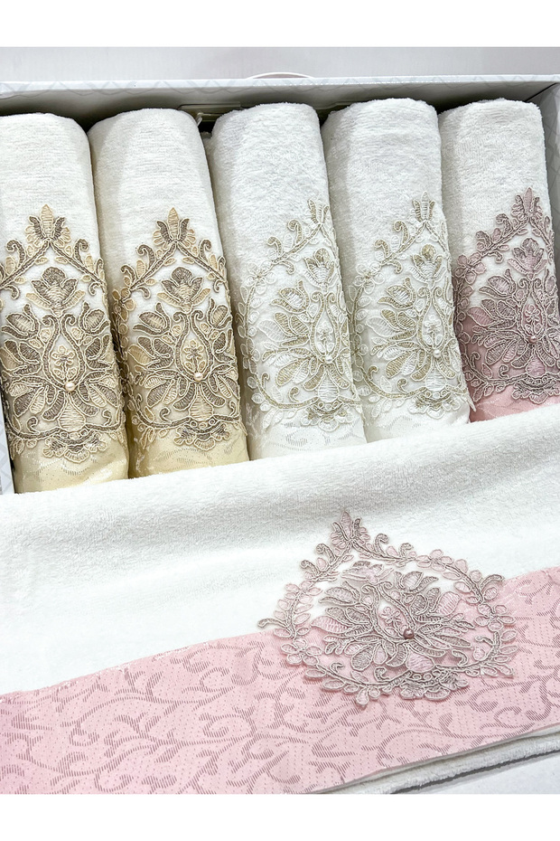 50X90 Guipure Pearl Embroidered Boxed Set of 6 Hand and Face Towels