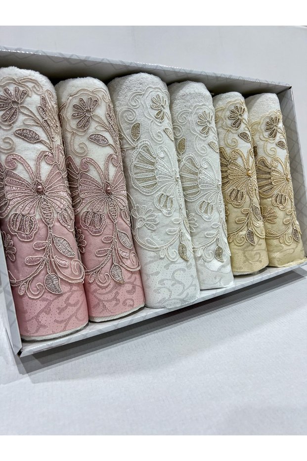 Laced Pearl Embroidered Boxed 6 Pieces 50X90 Hand and Face Towel Set