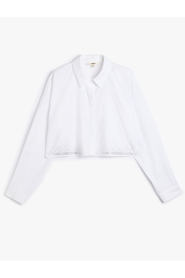 Crop Oversize Poplin Gömlek Taşlı Uzun Kollu Pamuklu - 1
