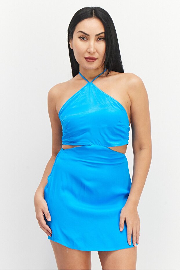 Women Halter Neck Tie Back Plain Mini Dress, Turquoise