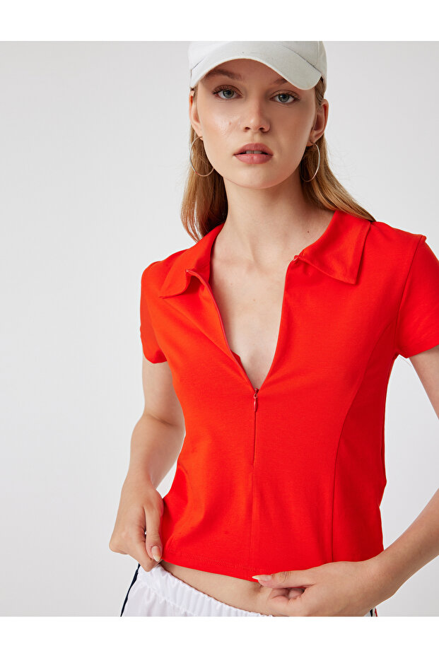 Polo Neck T-Shirt Zip Slim Fit Short Sleeve