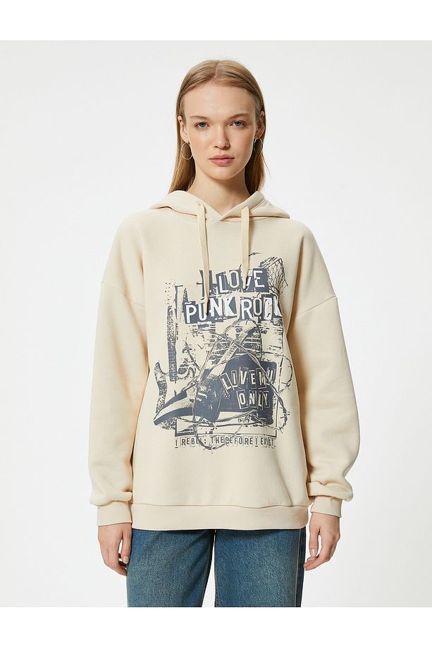 Şardonlu Oversize Kapüşonlu Sweatshirt Slogan Baskılı Uzun Kollu - 3