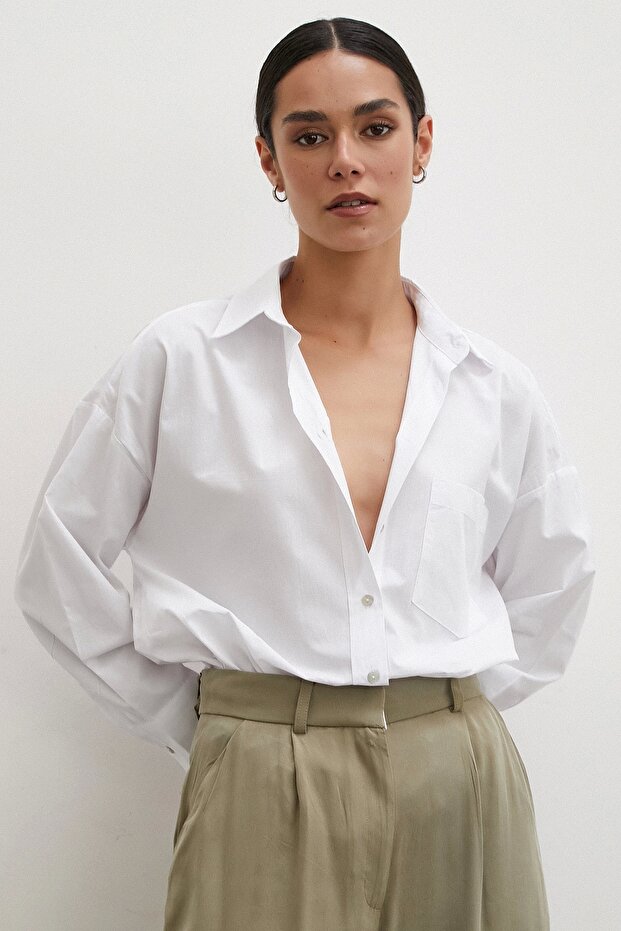 Tek Cepli Oversize Gömlek Beyaz - 5