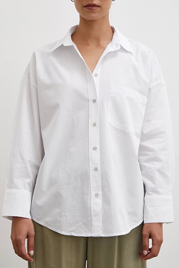 Tek Cepli Oversize Gömlek Beyaz - 2