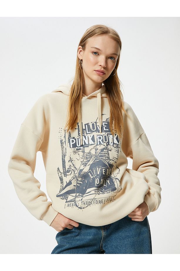 Şardonlu Oversize Kapüşonlu Sweatshirt Slogan Baskılı Uzun Kollu - 1