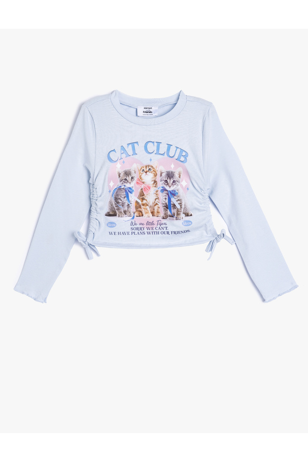 Cat Printed T-Shirt with Side Tie-Up, Long Sleeve, Crew Neck, Cotton