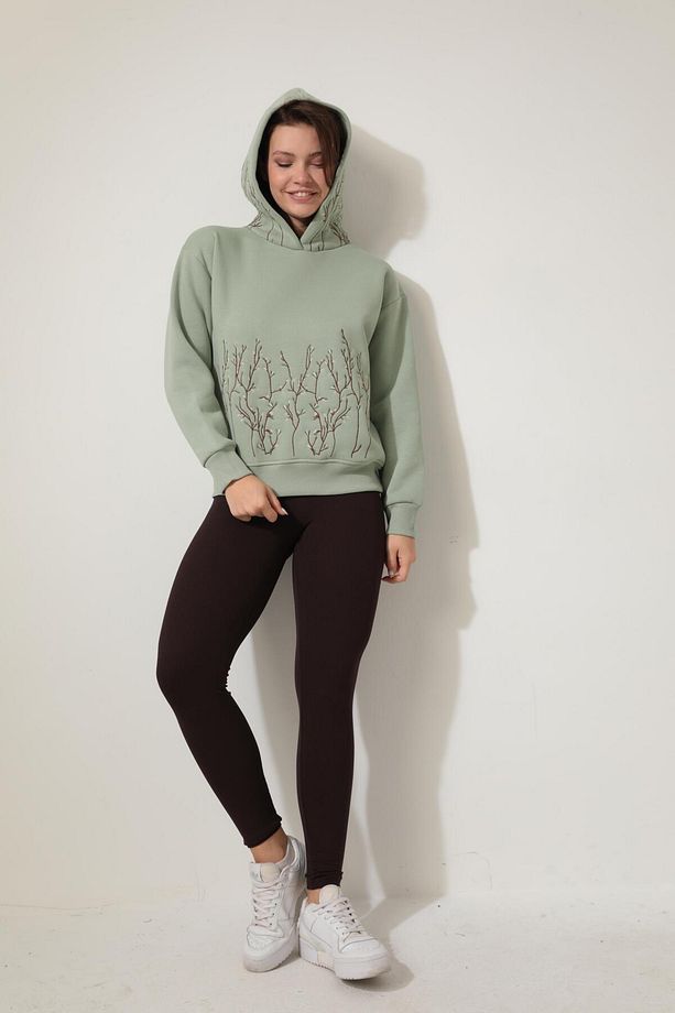 Yeşil Önü ve Kapüşonu Dal Nakışlı Kapüşonlu Sweatshirt - 2429 - 3