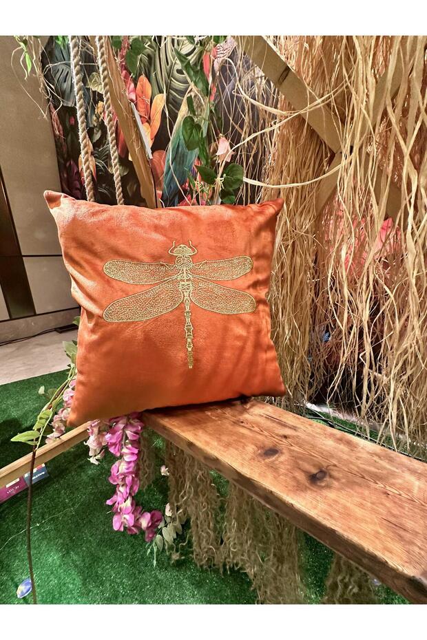 بلاط مطرز على شكل يعسوب - غطاء وسادة رمي، ذهبي - 1