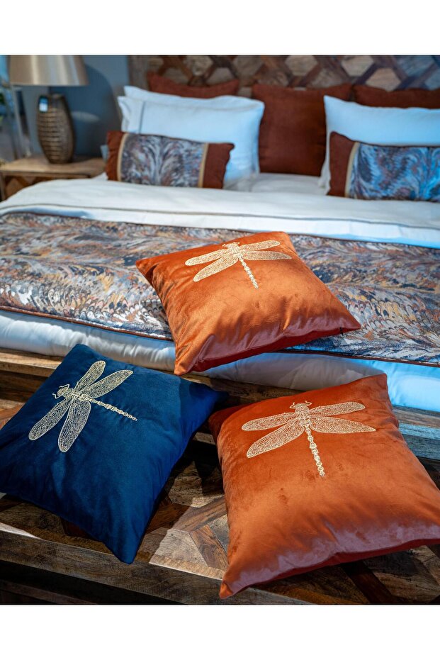 بلاط مطرز على شكل يعسوب - غطاء وسادة رمي، ذهبي - 3