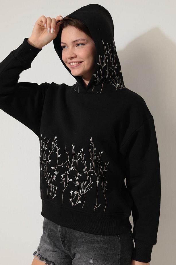Siyah Önü ve Kapüşonu Dal Nakışlı Kapüşonlu Sweatshirt - 2429 - 7