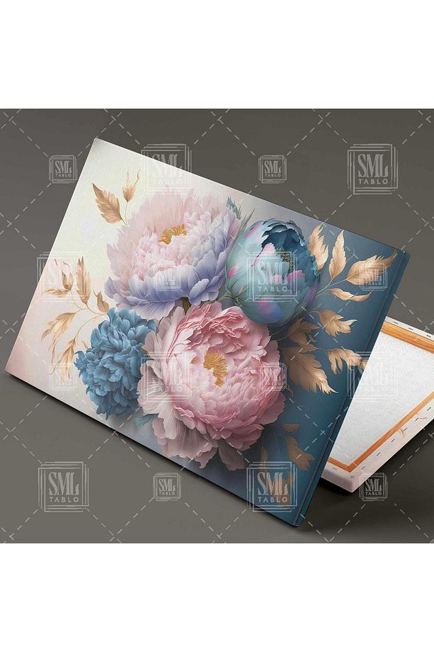 Pembe ve Mavi Şakayık Çiçekleri, Soyut Çiçek Çiçekler Yatay Kanvas Tablo - 2
