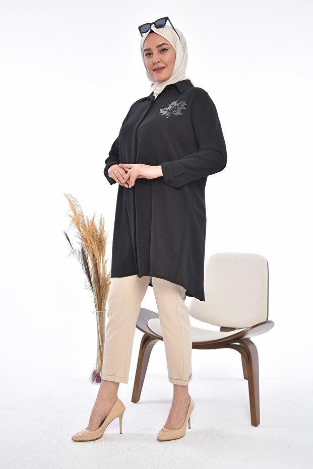 Women's Plus Leaf Printed Large Size Hijab Shirt Black