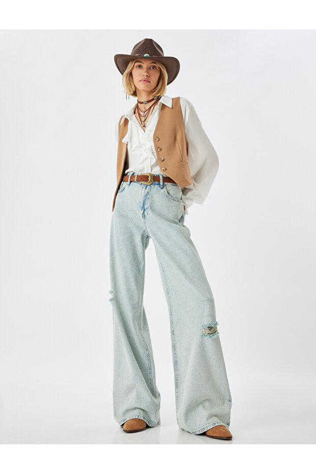 Ripped Jeans Low Waist Buttoned Loose Leg Cotton - Loose Straight Fit Jean