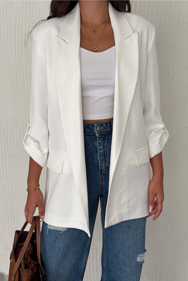 Women's White Lined Padded Blazer Jacket with Button Detail on Sleeves