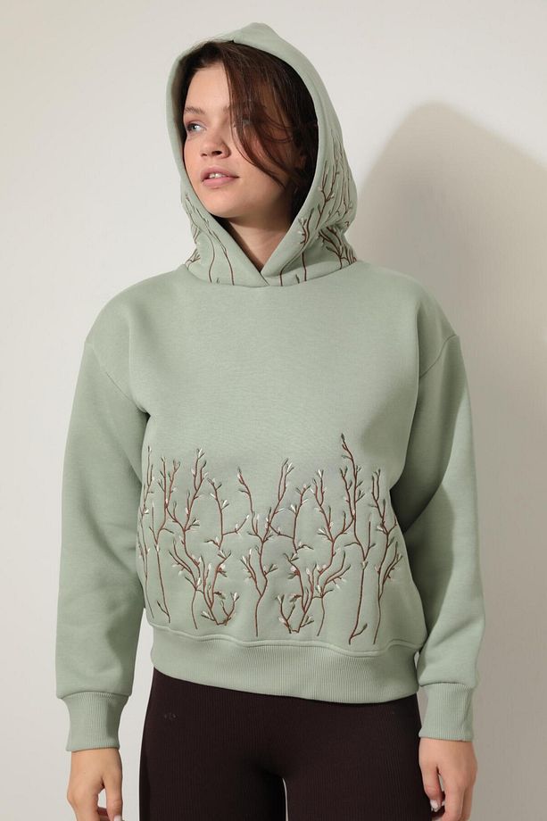 Yeşil Önü ve Kapüşonu Dal Nakışlı Kapüşonlu Sweatshirt - 2429 - 5
