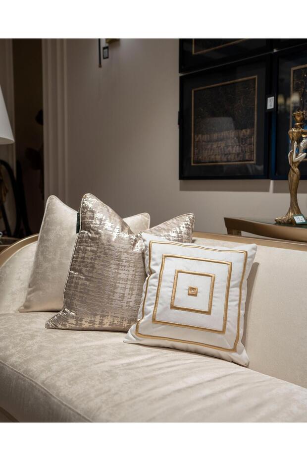 Husă de pernă brodată model pătrat Ecru-Auriu - 2