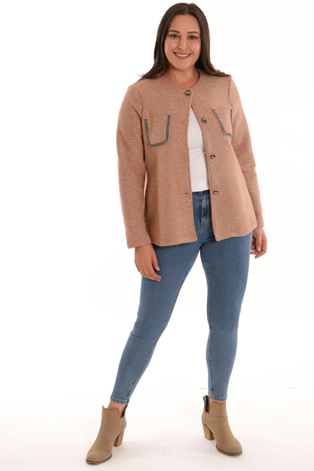 Trend42Plus Plus Size Pocket Stone Printed Camel Jacket - 2