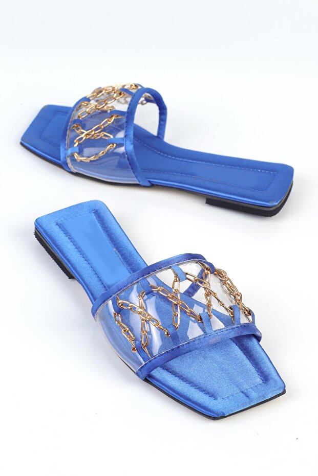 Cobalt Blue Satin Tranda Women's Slippers - Chained and Transparent