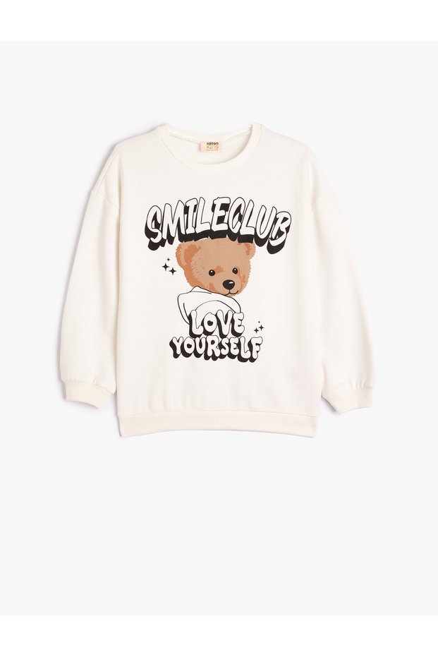 Teddy Bear Printed Sweatshirt Long Sleeve Crew Neck Ribbed