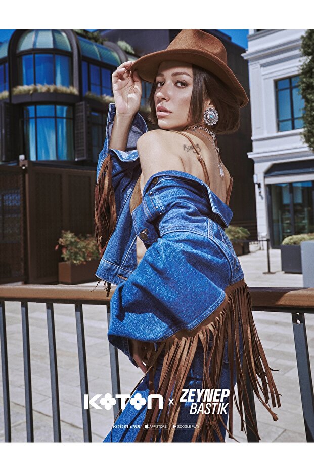 X Zeynep Bastık - Embroidered Denim Jacket with Suede Look, Tassel Pocket Detail, and Buttons