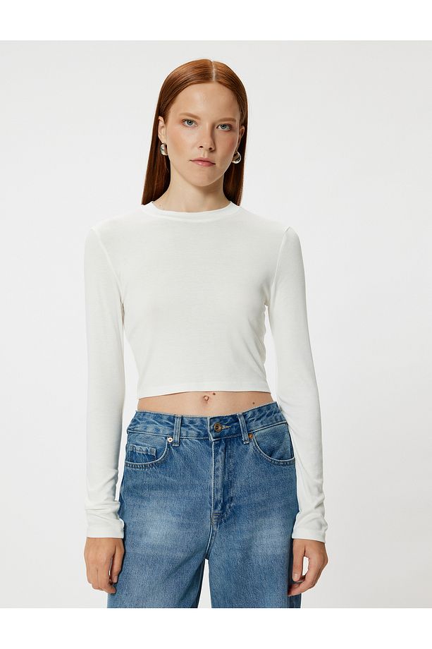 Uzun Kollu Crop Basic Body Yuvarlak Yaka Viskon Kumaş - 3