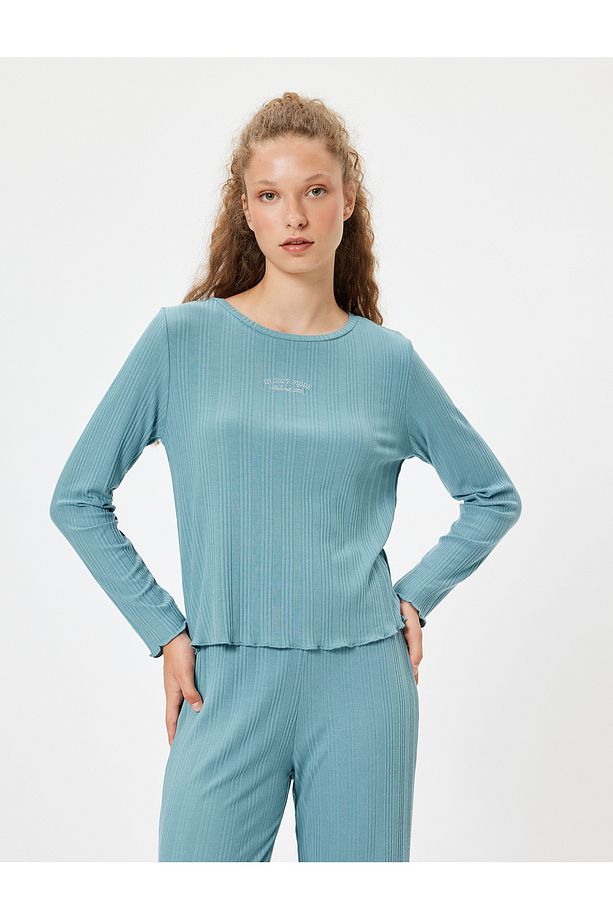 Modal Kumaş Pijama Üstü Uzun Kollu Bisiklet Yaka - 2
