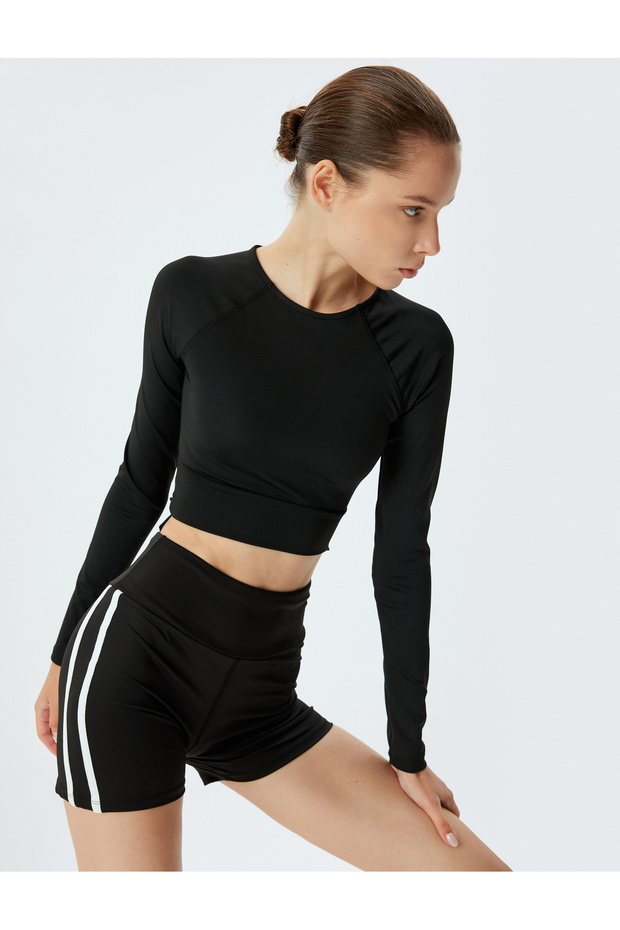 Sports Crop T-Shirt Long Sleeve Crew Neck Tie Detail Slim Fit Interlock